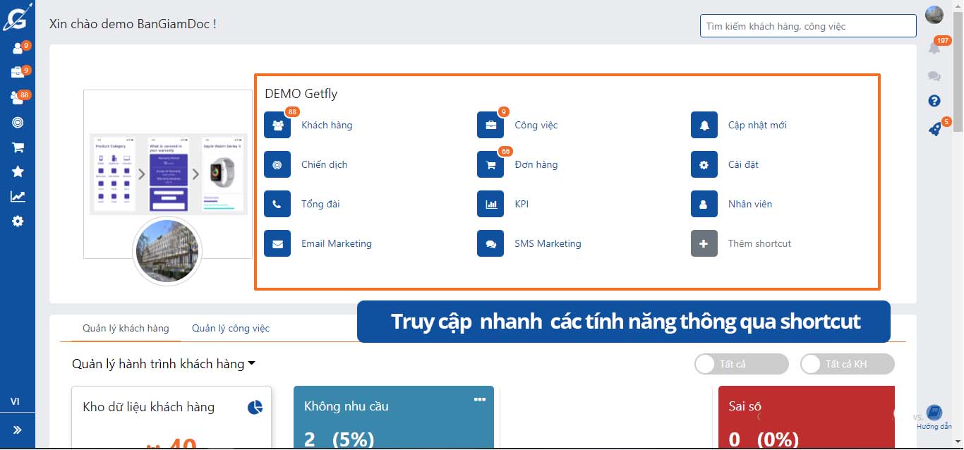 Màn hình Dashboard giao diện tổng quan trên Getfly CRM