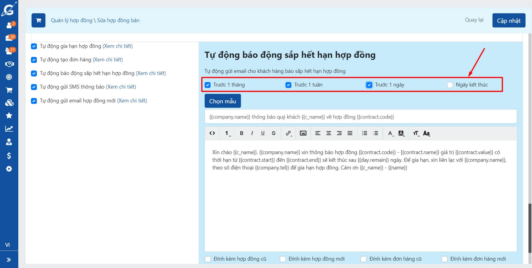 Chọn thời gian email nhắc nhở gia hạn hợp đồng