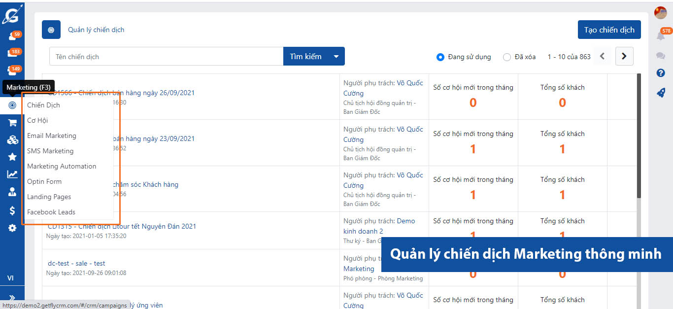 Getfly CRM quản lý chiến dịch Marketing thông minh