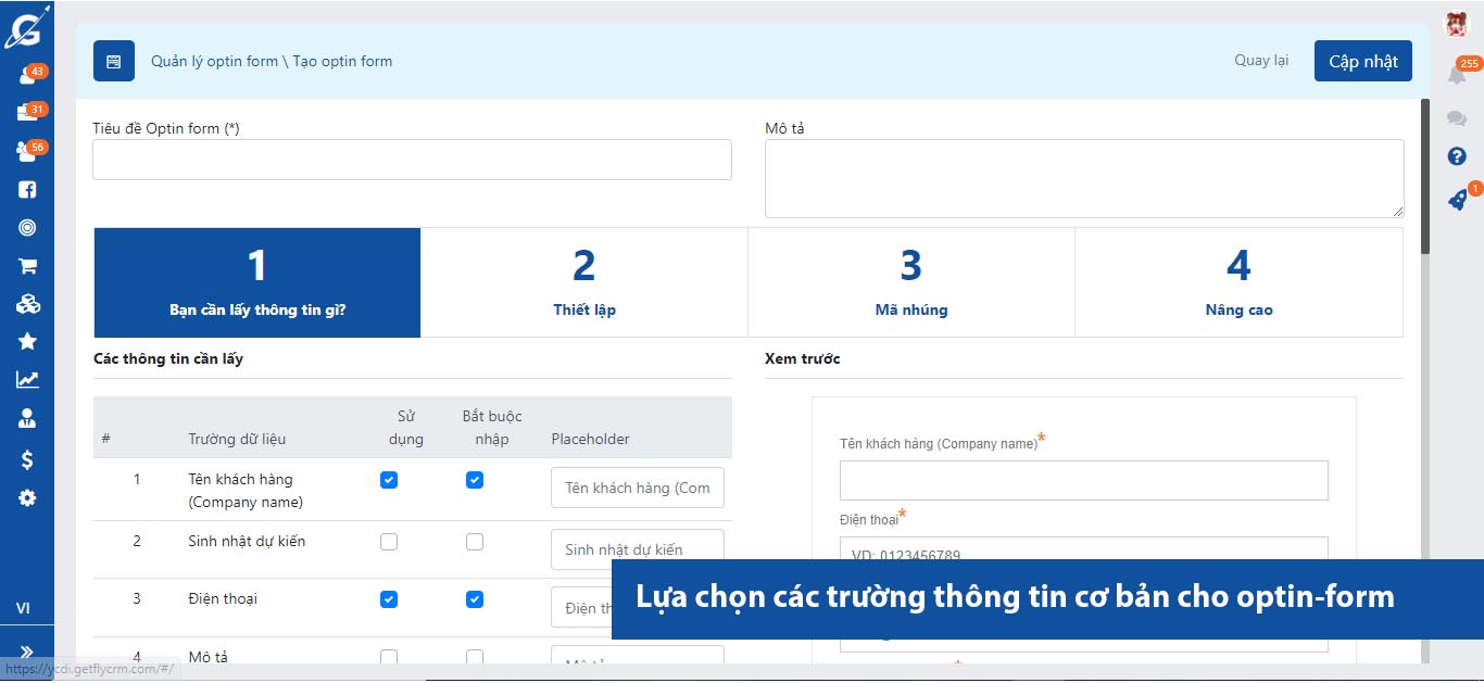 Lựa chọn các trường thông tin cơ bản trong optin form