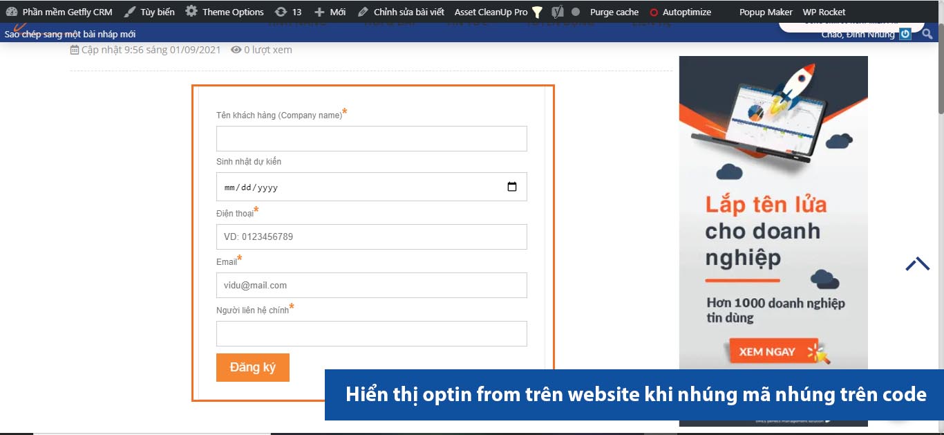 Nhúng mã nhúng của optin form lên website