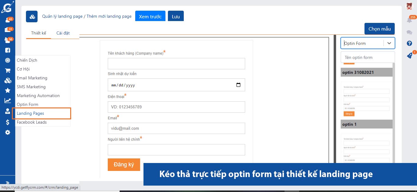 Kéo thả trực tiếp optin form trên landing page